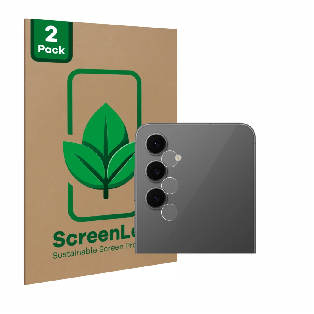 Vorderseite einer Produktverpackung mit dem Markenlogo ScreenLeaf. Daneben ist das Gerät Samsung Galaxy S24 FE (NUR Kameraschu