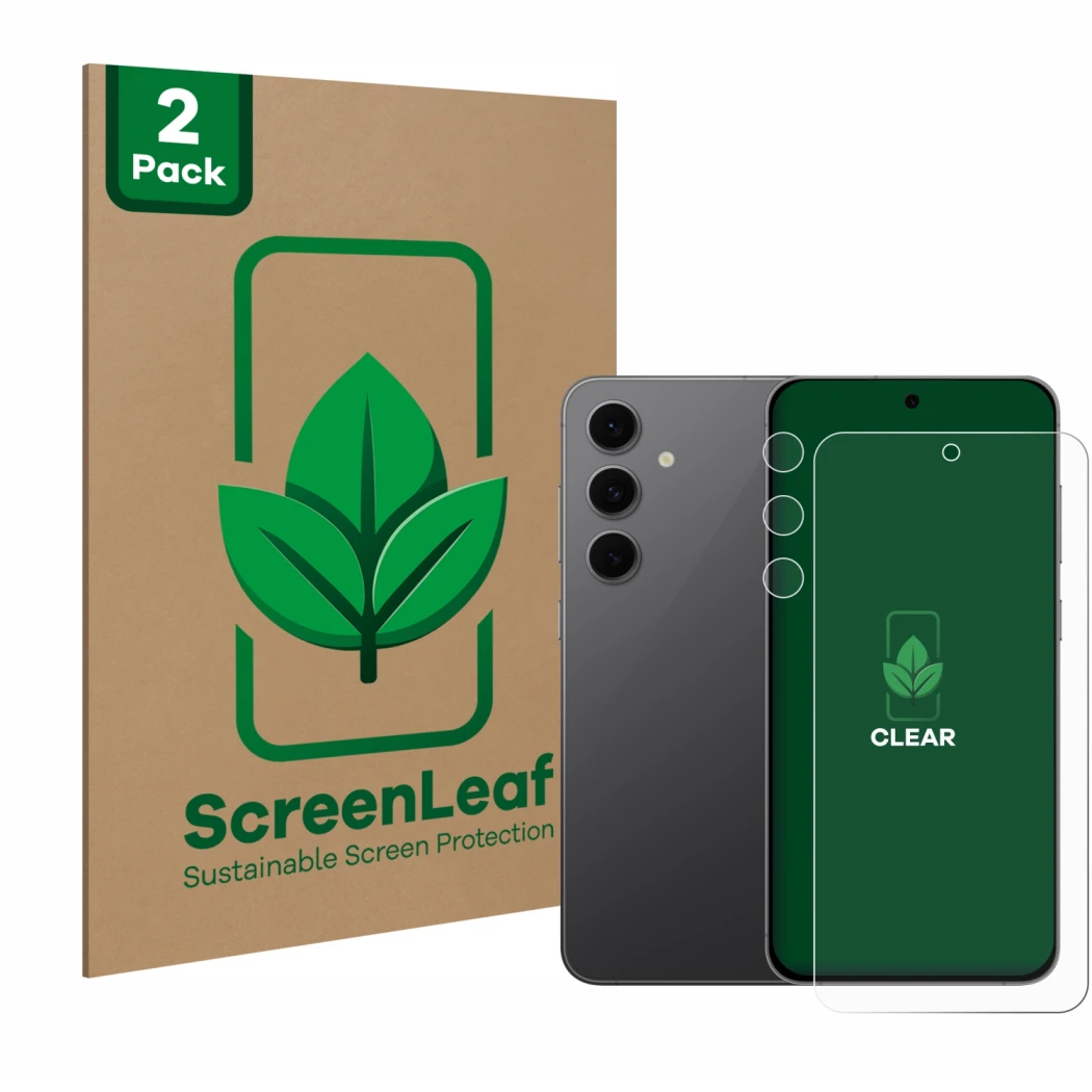 Vorderseite einer Produktverpackung mit dem Markenlogo ScreenLeaf. Daneben ist das Gerät Samsung Galaxy S24 FE (Display+Kamera