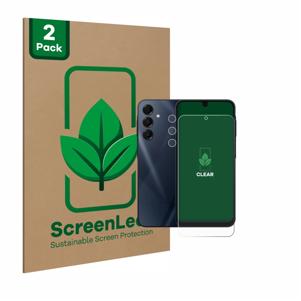 Vorderseite einer Produktverpackung mit dem Markenlogo ScreenLeaf. Daneben ist das Gerät Samsung Galaxy A16 5G (Display+Kamera