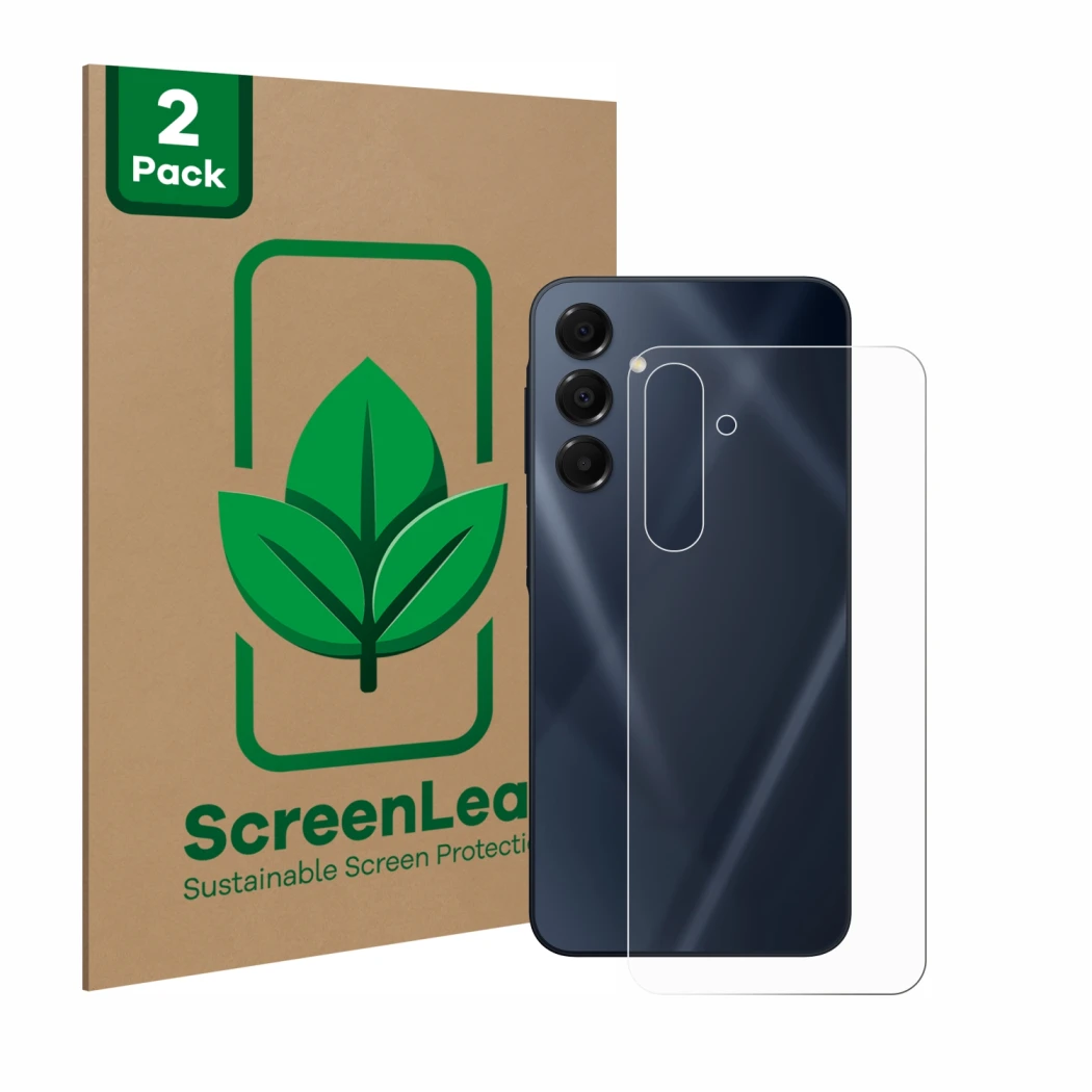 Vorderseite einer Produktverpackung mit dem Markenlogo ScreenLeaf. Daneben ist das Gerät Samsung Galaxy A16 5G (Rückseite) mit