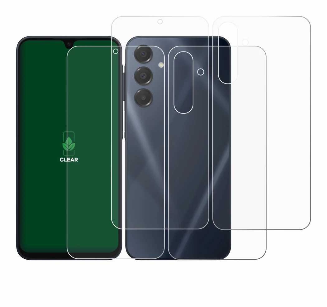 Abbildung des Geräts Samsung Galaxy A16 5G (Display+Rückseite) mit einer Vielzahl des Displayschutzes.