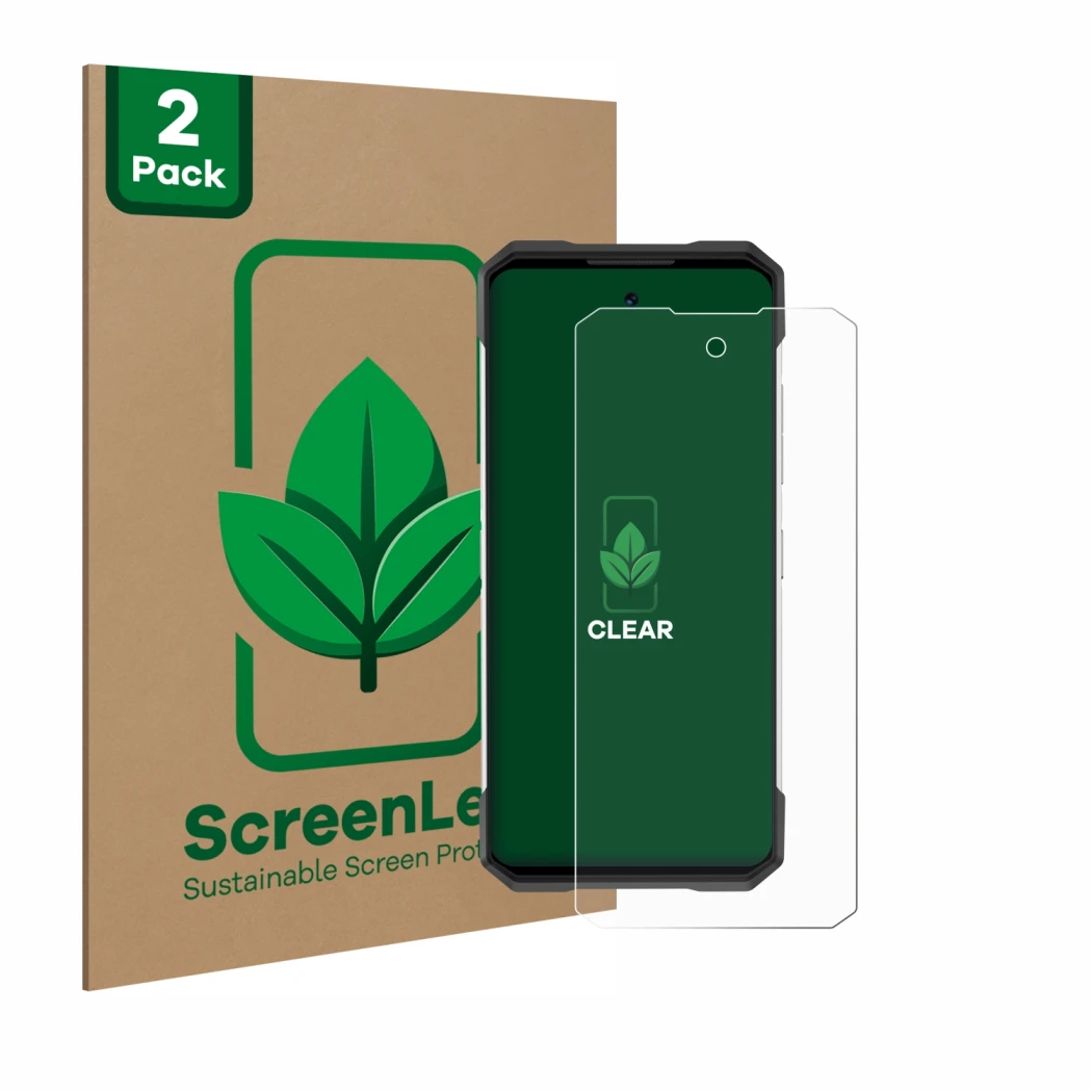 Vorderseite einer Produktverpackung mit dem Markenlogo ScreenLeaf. Daneben ist das Gerät Doogee S200 mit dem zugehörigen Displ