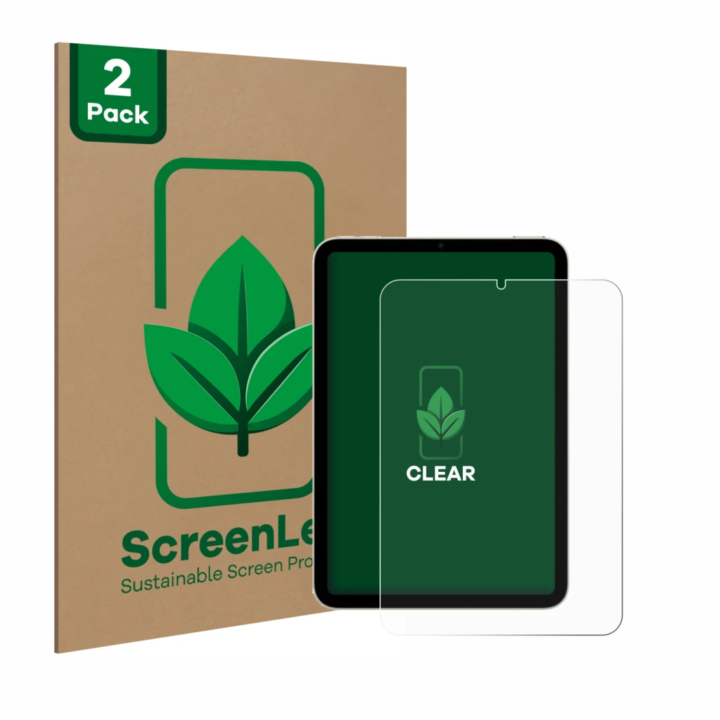 Vorderseite einer Produktverpackung mit dem Markenlogo ScreenLeaf. Daneben ist das Gerät Apple iPad Mini 7 WiFi 2024 mit dem z