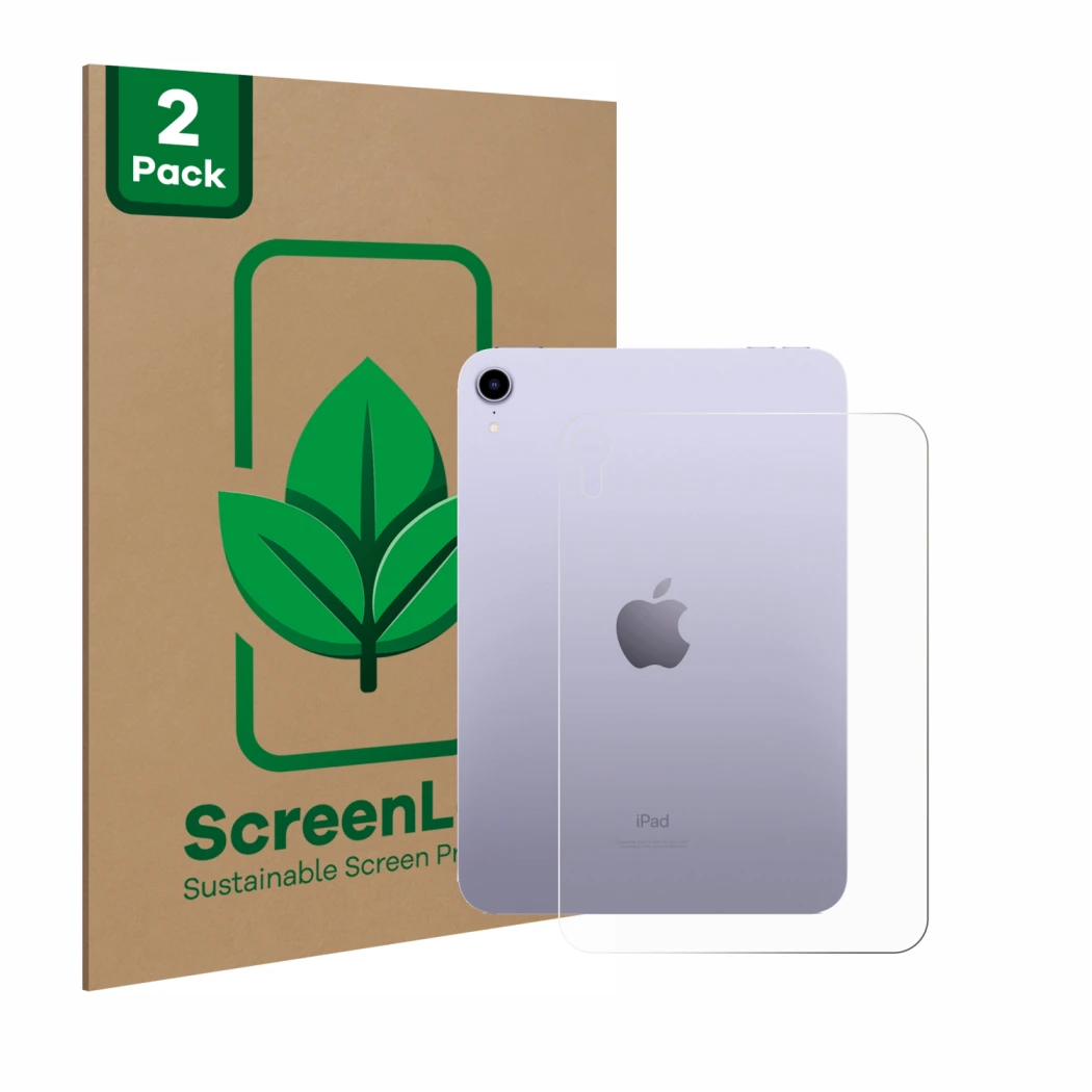 Vorderseite einer Produktverpackung mit dem Markenlogo ScreenLeaf. Daneben ist das Gerät Apple iPad Mini 7 WiFi 2024 (Rückseit