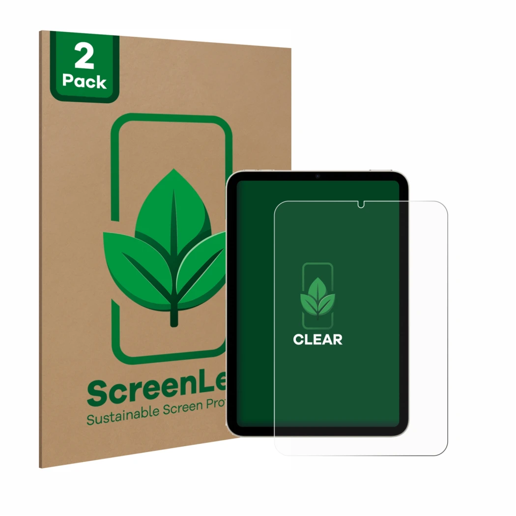 Vorderseite einer Produktverpackung mit dem Markenlogo ScreenLeaf. Daneben ist das Gerät Apple iPad Mini 7 2024 mit dem zugehö