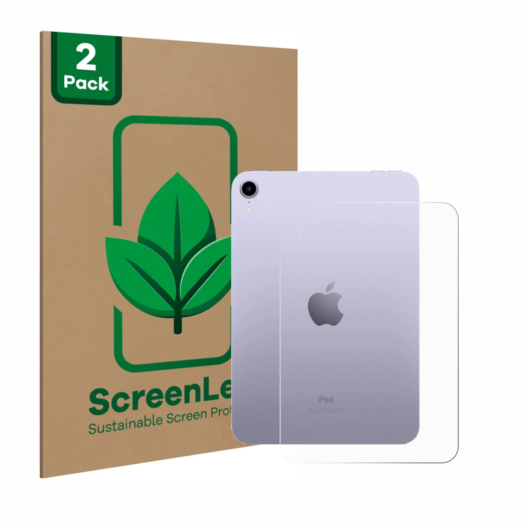 Vorderseite einer Produktverpackung mit dem Markenlogo ScreenLeaf. Daneben ist das Gerät Apple iPad Mini 7 2024 (Rückseite) mi