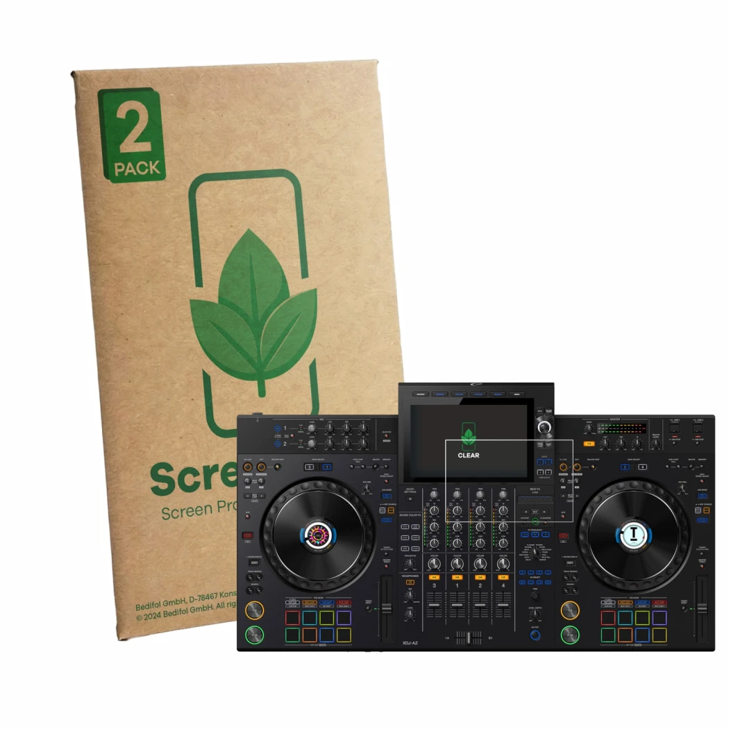 Vorderseite einer Produktverpackung mit dem Markenlogo ScreenLeaf. Daneben ist das Gerät AlphaTheta XDJ-AZ mit dem zugehörigen