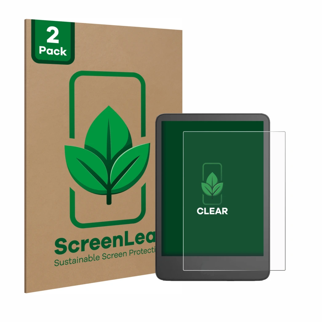 Vorderseite einer Produktverpackung mit dem Markenlogo ScreenLeaf. Daneben ist das Gerät Amazon Kindle 2024 mit dem zugehörige