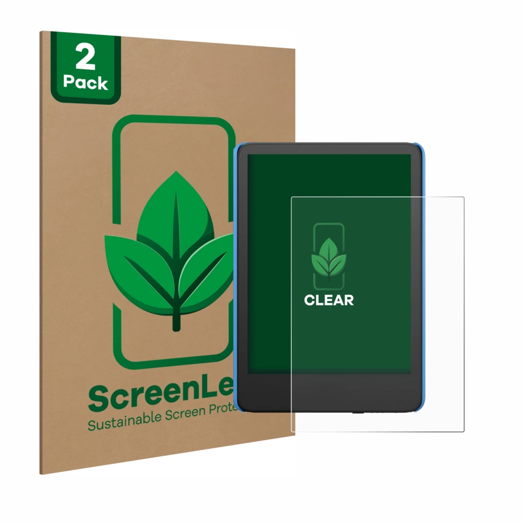 Vorderseite einer Produktverpackung mit dem Markenlogo ScreenLeaf. Daneben ist das Gerät Amazon Kindle Kids (2024) mit dem zug