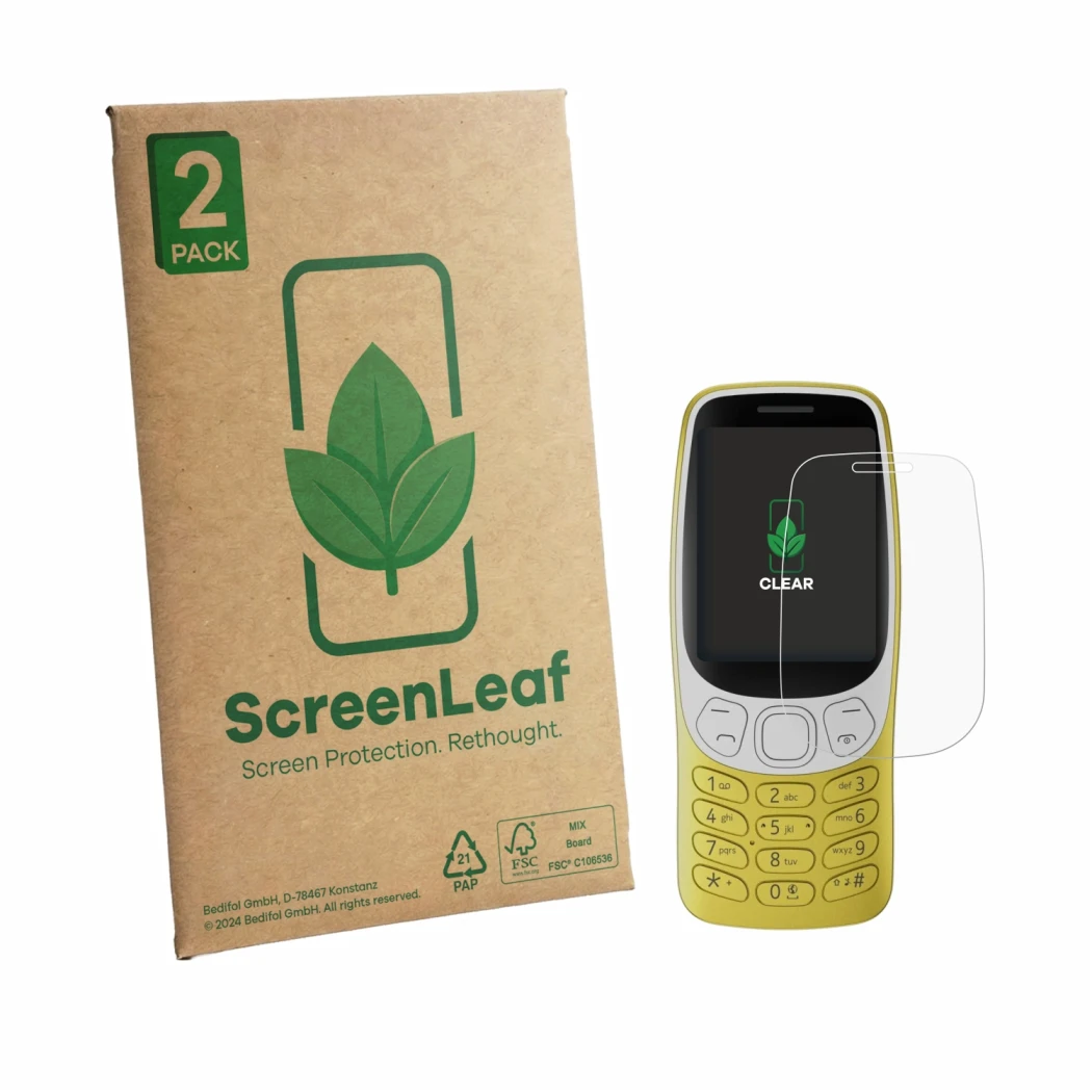 Vorderseite einer Produktverpackung mit dem Markenlogo ScreenLeaf. Daneben ist das Gerät Nokia 3210 mit dem zugehörigen Displa