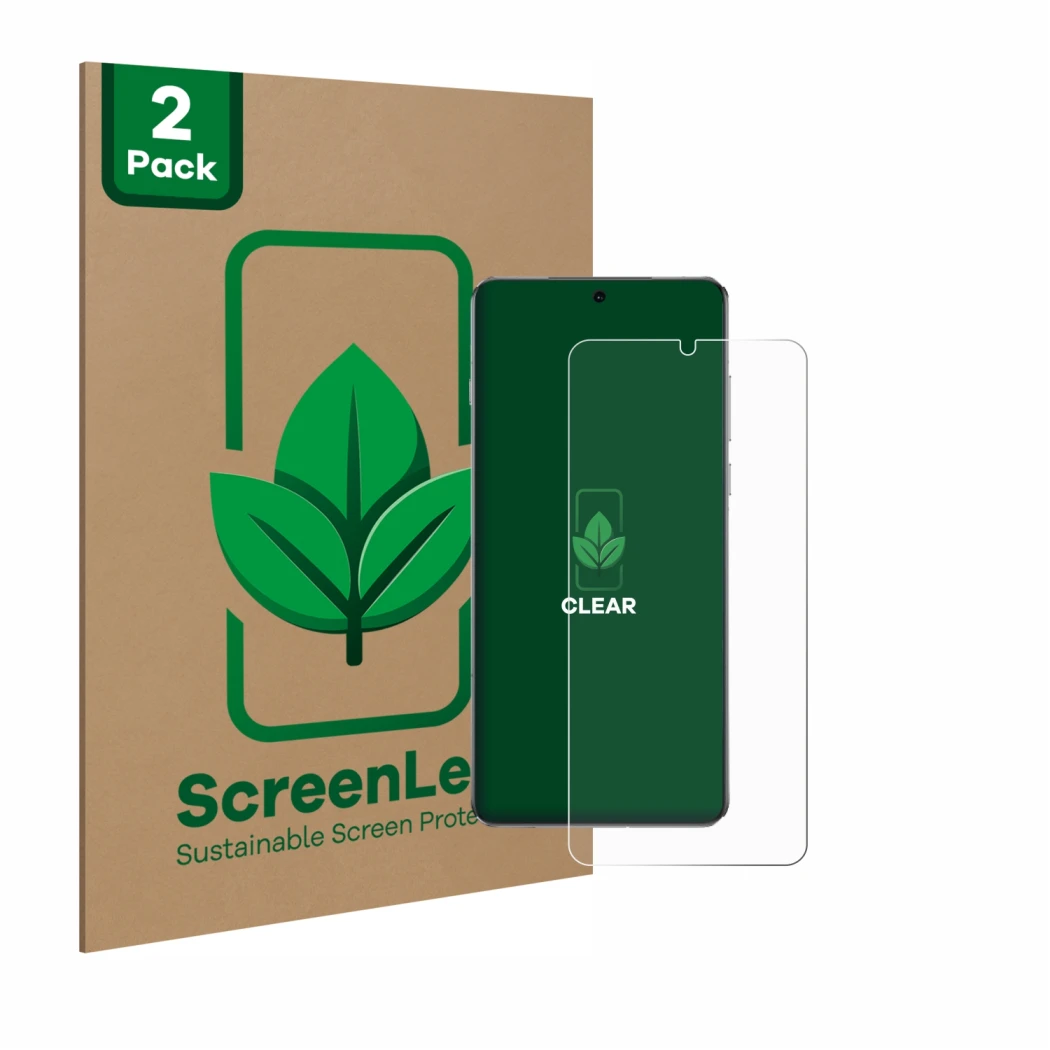 Vorderseite einer Produktverpackung mit dem Markenlogo ScreenLeaf. Daneben ist das Gerät OnePlus 13 mit dem zugehörigen Displa