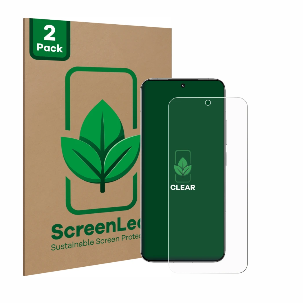 Vorderseite einer Produktverpackung mit dem Markenlogo ScreenLeaf. Daneben ist das Gerät Xiaomi 15 mit dem zugehörigen Display