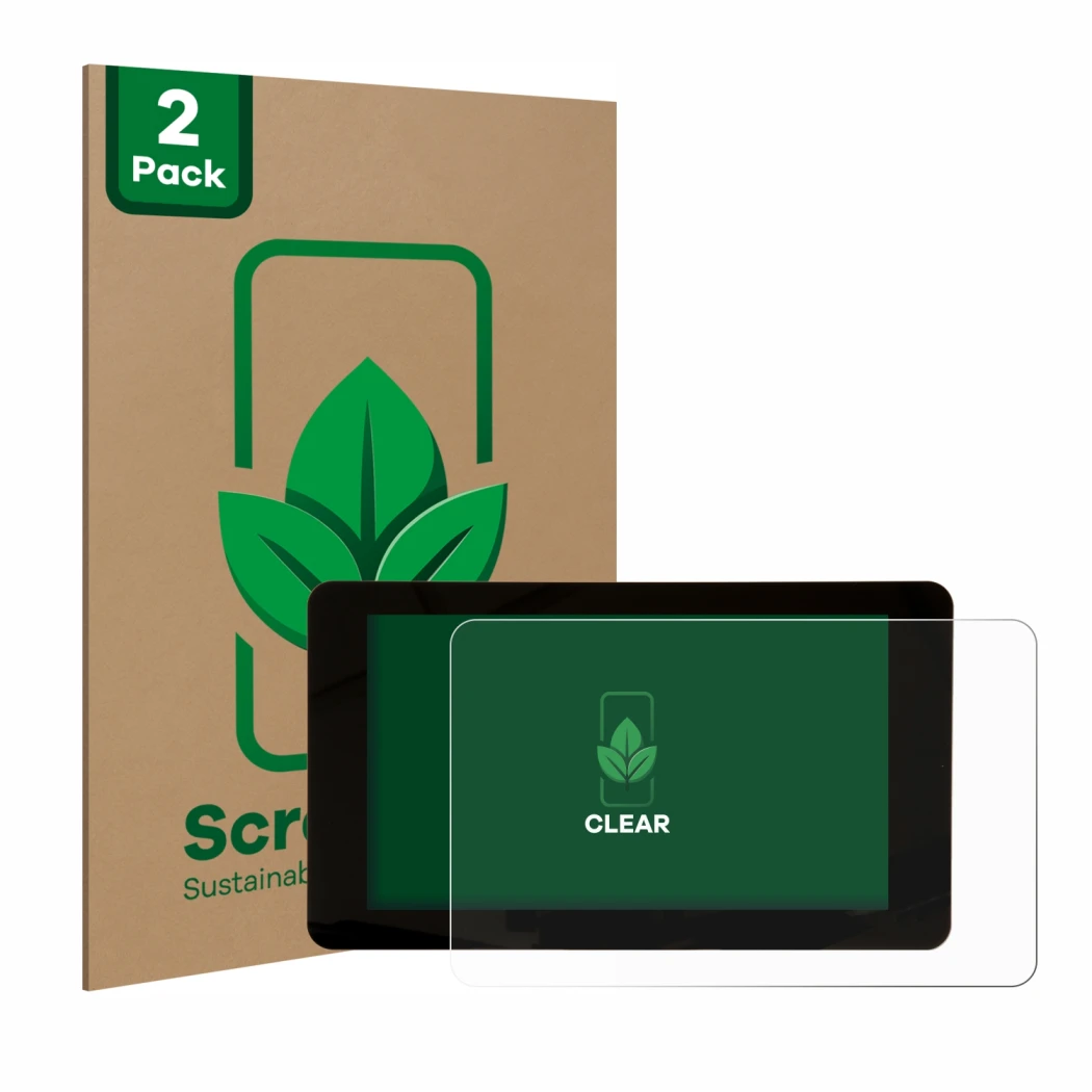 Vorderseite einer Produktverpackung mit dem Markenlogo ScreenLeaf. Daneben ist das Gerät Raspberry Pi Touchscreen 2 (7