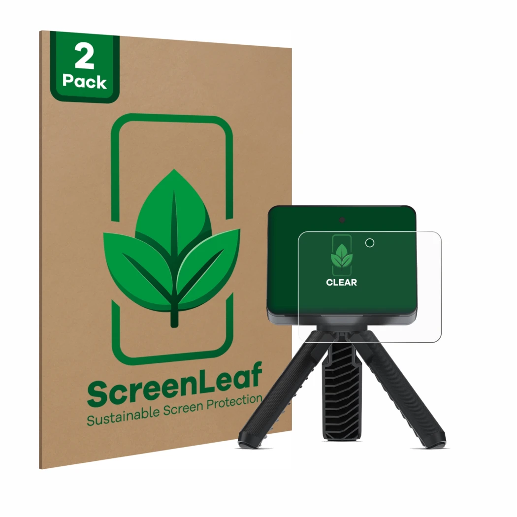 Vorderseite einer Produktverpackung mit dem Markenlogo ScreenLeaf. Daneben ist das Gerät Garmin Approach R10 mit dem zugehörig