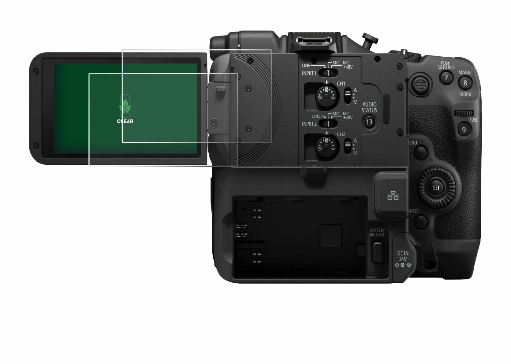 Abbildung des Geräts Canon EOS C400 mit einer Vielzahl des Displayschutzes.