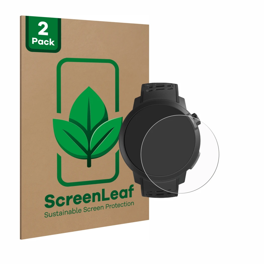 Vorderseite einer Produktverpackung mit dem Markenlogo ScreenLeaf. Daneben ist das Gerät Coros Pace Pro mit dem zugehörigen Di