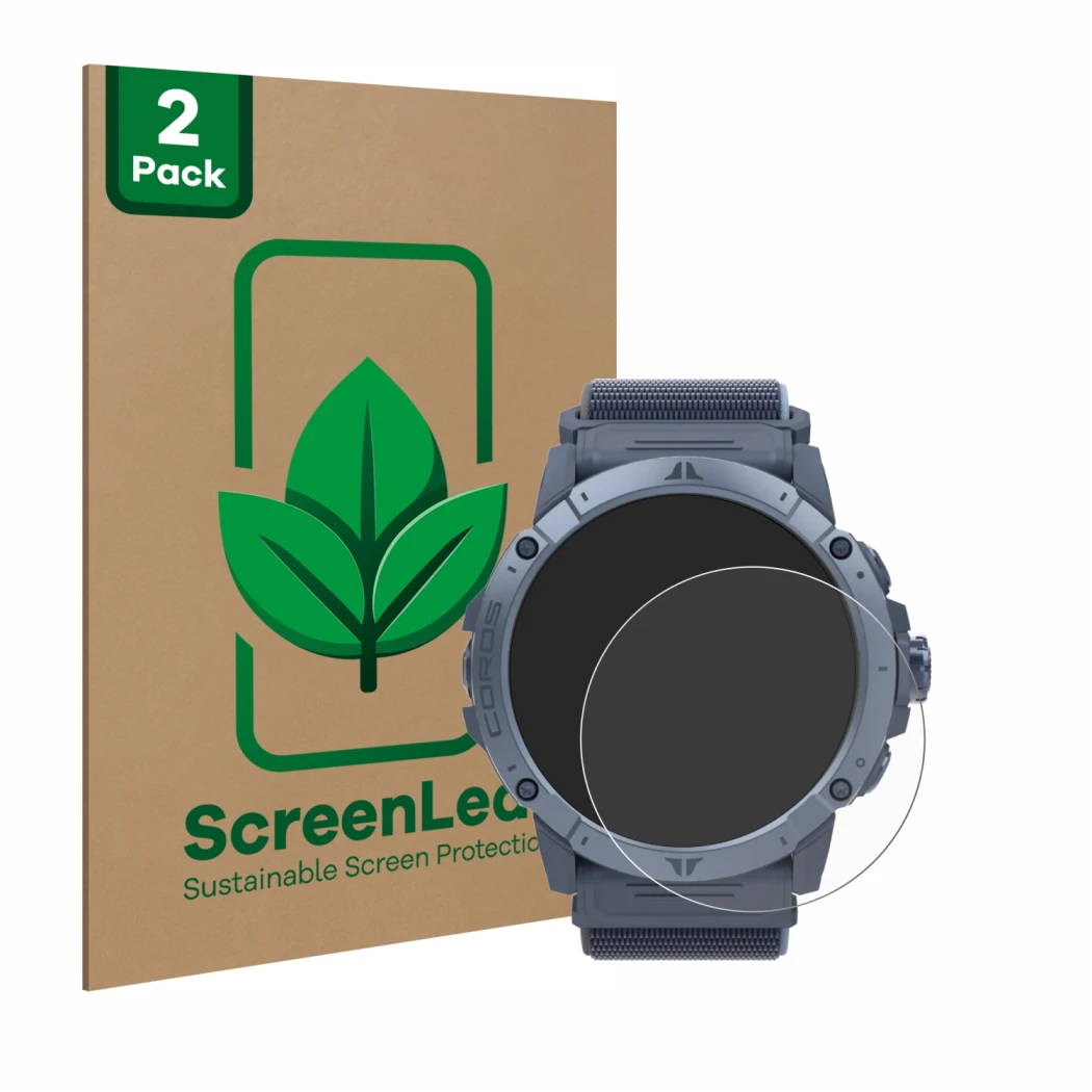 Vorderseite einer Produktverpackung mit dem Markenlogo ScreenLeaf. Daneben ist das Gerät Coros Vertix 2S mit dem zugehörigen D