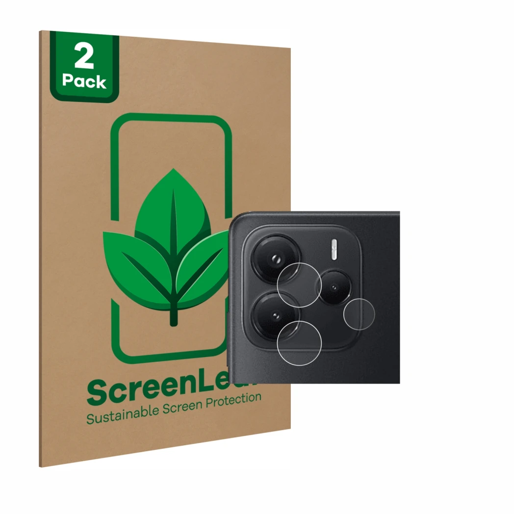 Vorderseite einer Produktverpackung mit dem Markenlogo ScreenLeaf. Daneben ist das Gerät Xiaomi Redmi Note 14 (NUR Kameraschut