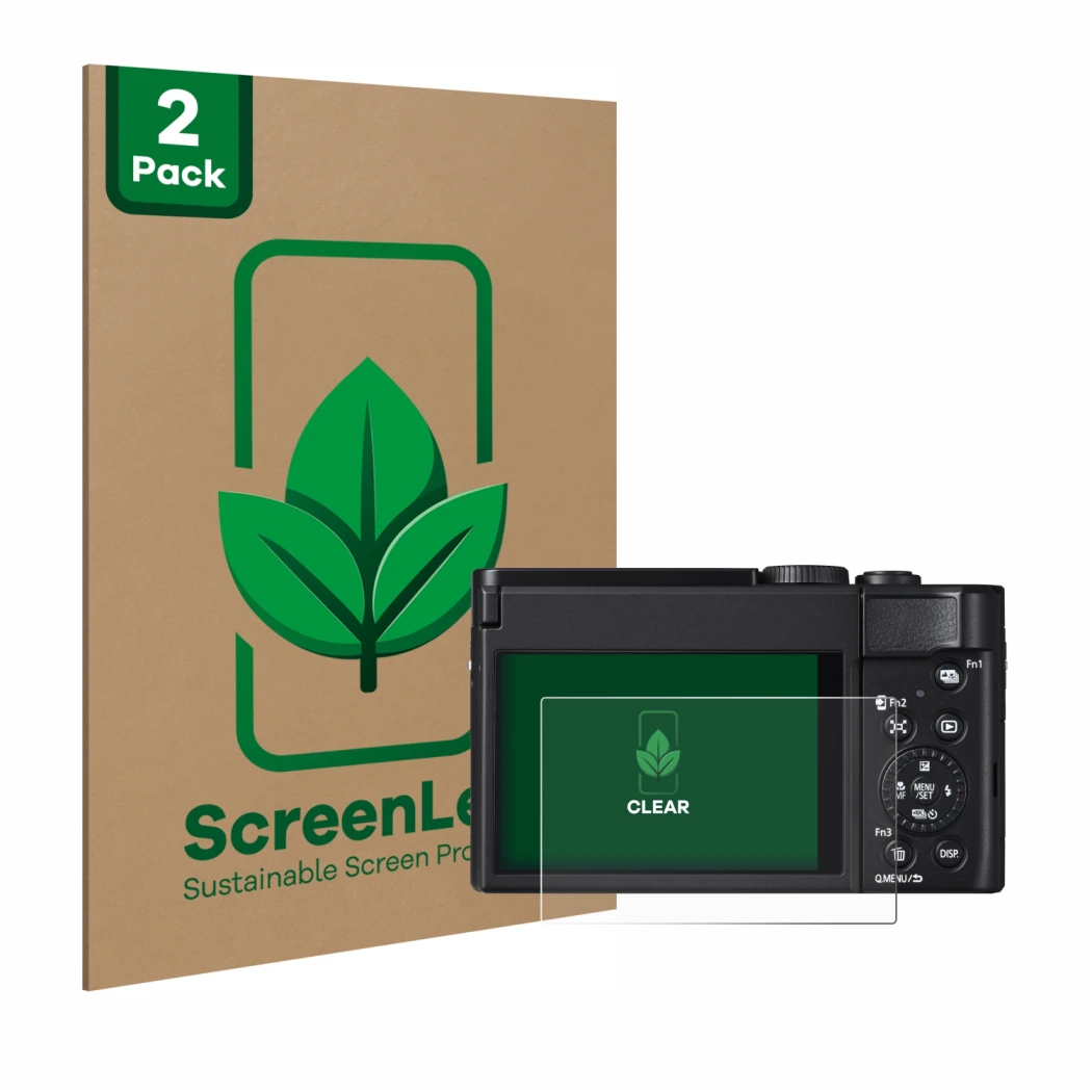 Vorderseite einer Produktverpackung mit dem Markenlogo ScreenLeaf. Daneben ist das Gerät Panasonic Lumix DC-TZ99 mit dem zugeh
