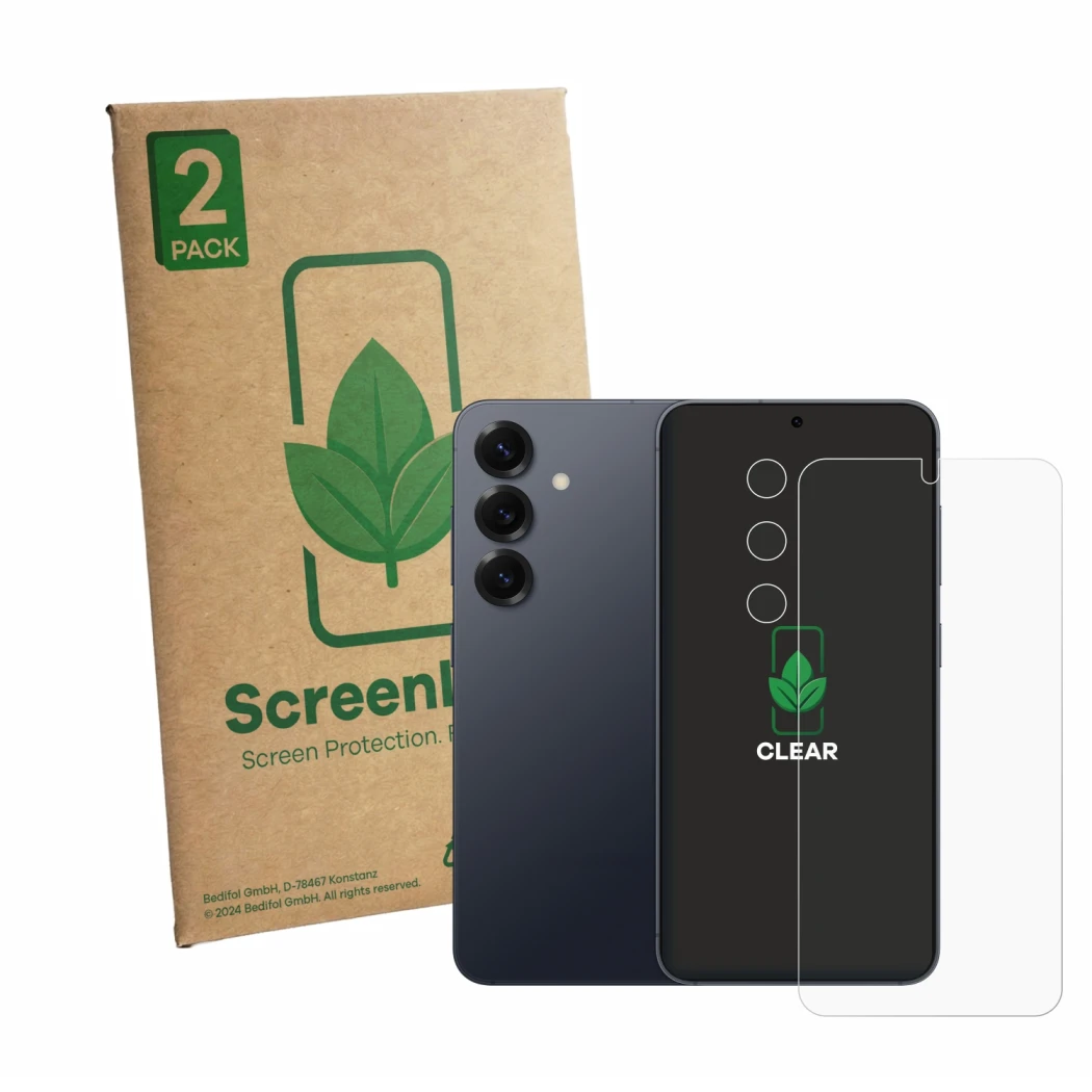 Vorderseite einer Produktverpackung mit dem Markenlogo ScreenLeaf. Daneben ist das Gerät Samsung Galaxy S25 (Display+Kamera) m