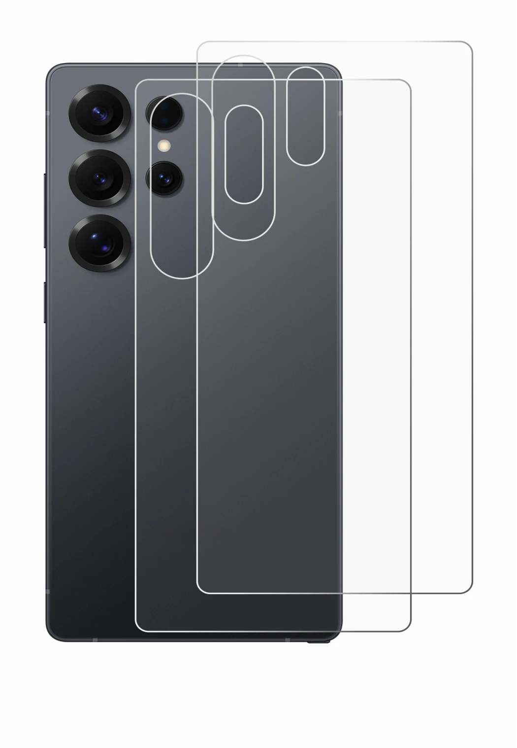 Abbildung des Geräts Samsung Galaxy S25 Ultra (Rückseite) mit einer Vielzahl des Displayschutzes.