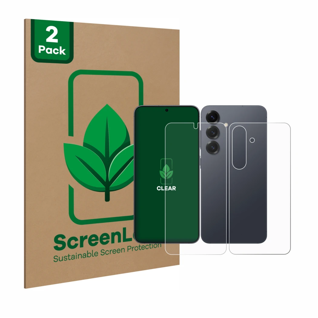 Vorderseite einer Produktverpackung mit dem Markenlogo ScreenLeaf. Daneben ist das Gerät Samsung Galaxy S25 (Display+Rückseite