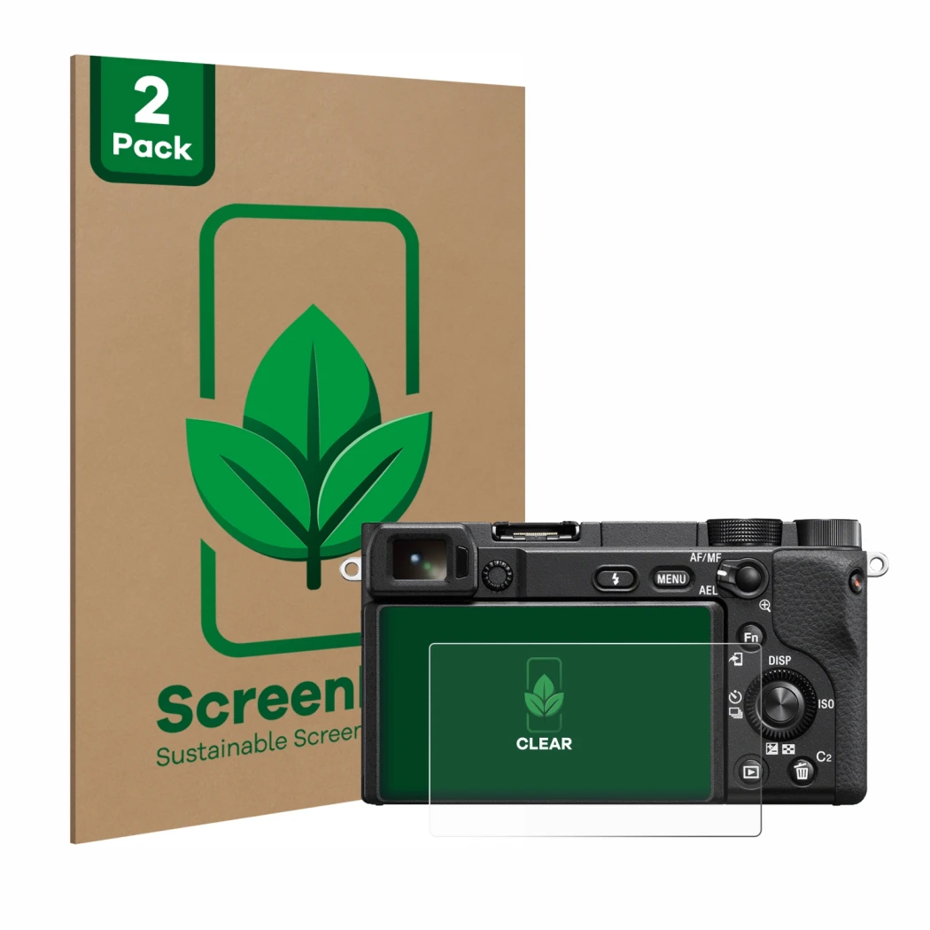 Vorderseite einer Produktverpackung mit dem Markenlogo ScreenLeaf. Daneben ist das Gerät Sony Alpha 6400A mit dem zugehörigen 