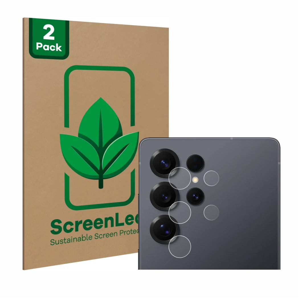 Vorderseite einer Produktverpackung mit dem Markenlogo ScreenLeaf. Daneben ist das Gerät Samsung Galaxy S25 Ultra Enterprise E