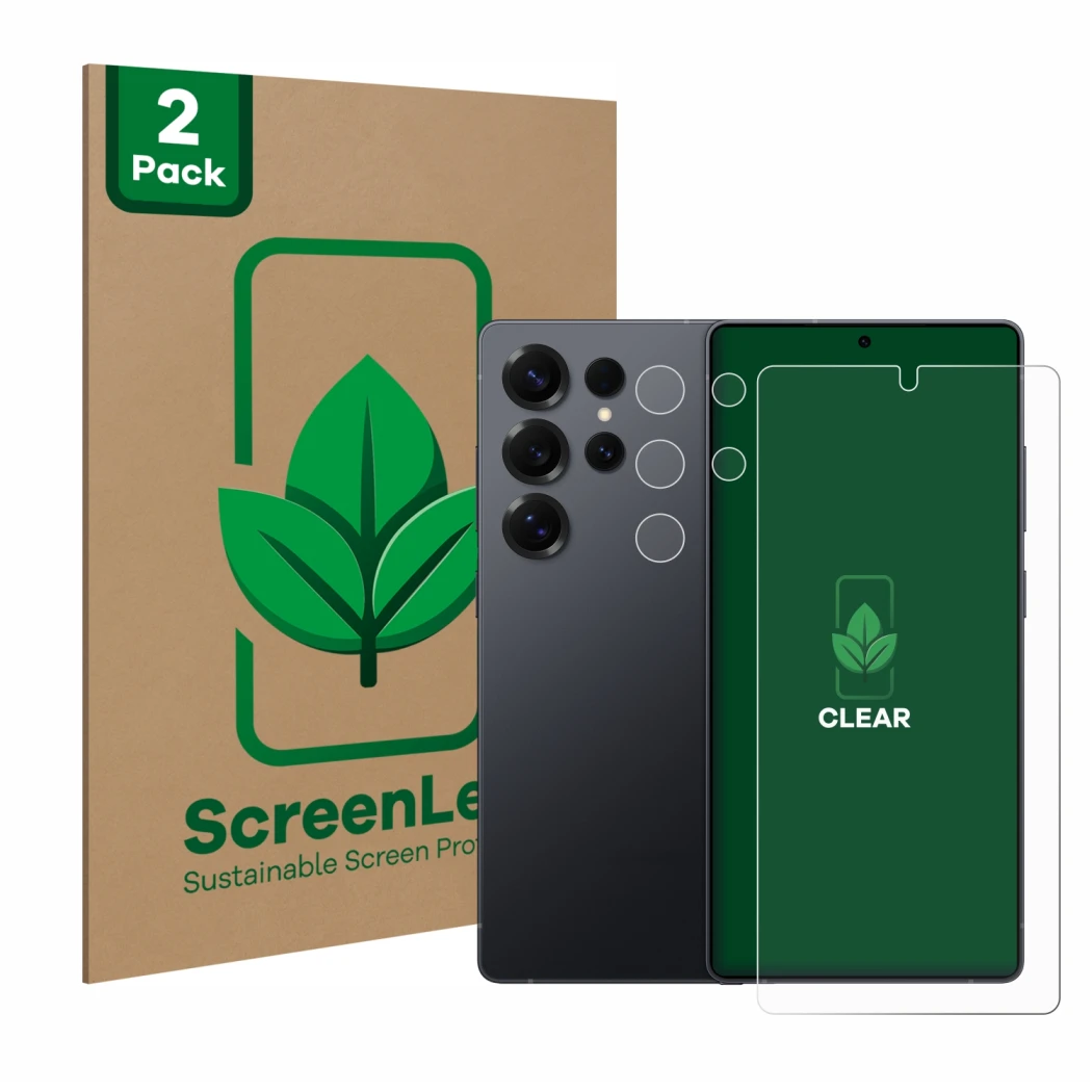 Vorderseite einer Produktverpackung mit dem Markenlogo ScreenLeaf. Daneben ist das Gerät Samsung Galaxy S25 Ultra Enterprise E
