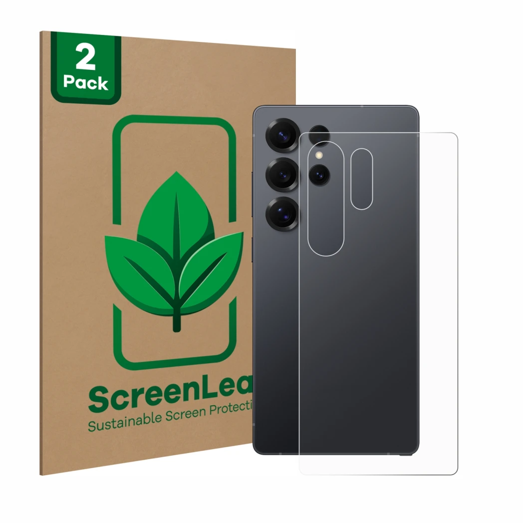 Vorderseite einer Produktverpackung mit dem Markenlogo ScreenLeaf. Daneben ist das Gerät Samsung Galaxy S25 Ultra Enterprise E