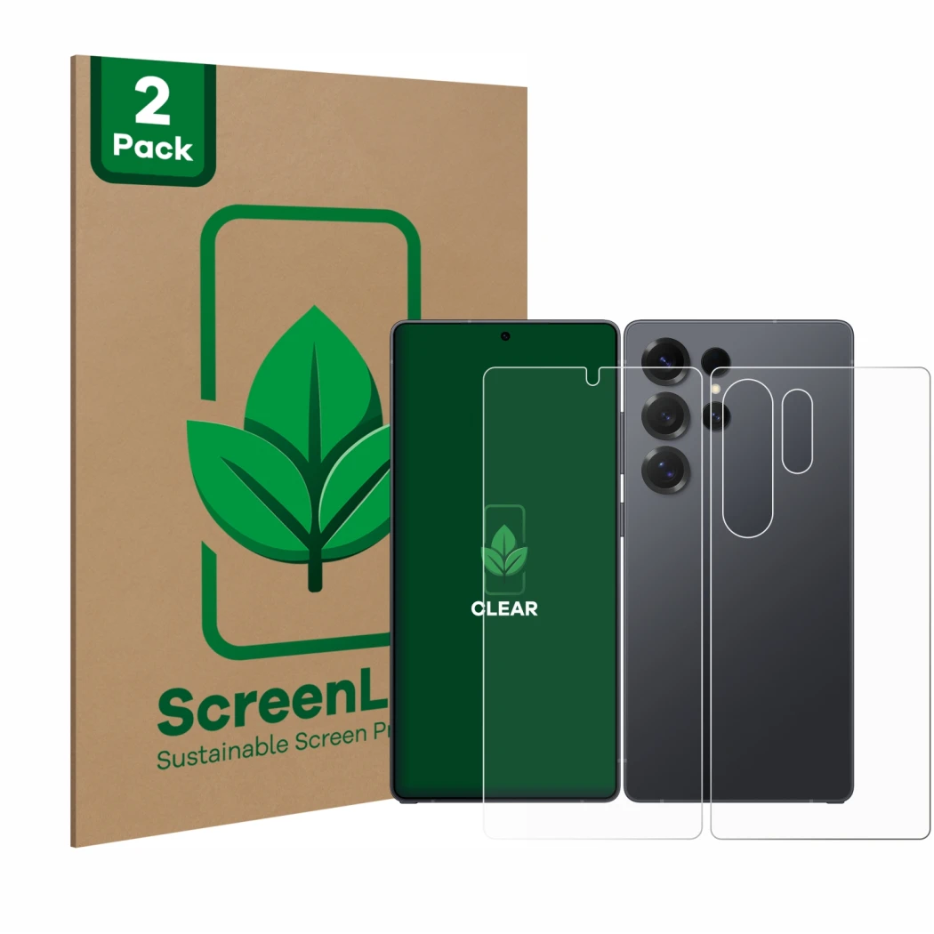 Vorderseite einer Produktverpackung mit dem Markenlogo ScreenLeaf. Daneben ist das Gerät Samsung Galaxy S25 Ultra Enterprise E