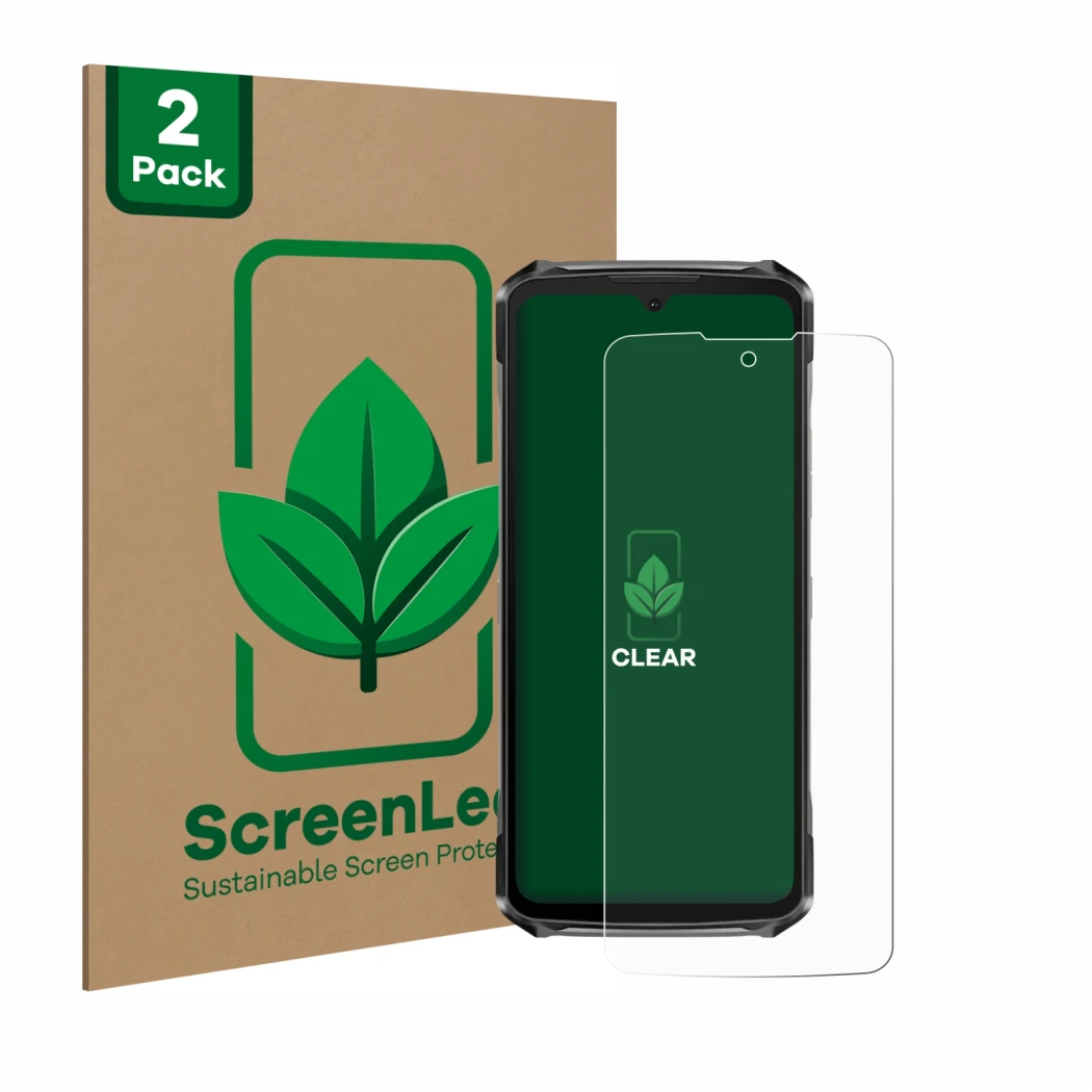 Vorderseite einer Produktverpackung mit dem Markenlogo ScreenLeaf. Daneben ist das Gerät Doogee S119 mit dem zugehörigen Displ