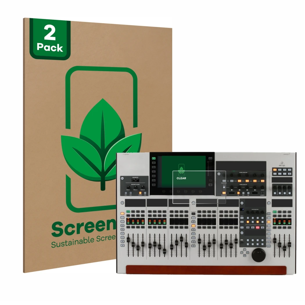 Vorderseite einer Produktverpackung mit dem Markenlogo ScreenLeaf. Daneben ist das Gerät Behringer Wing mit dem zugehörigen Di
