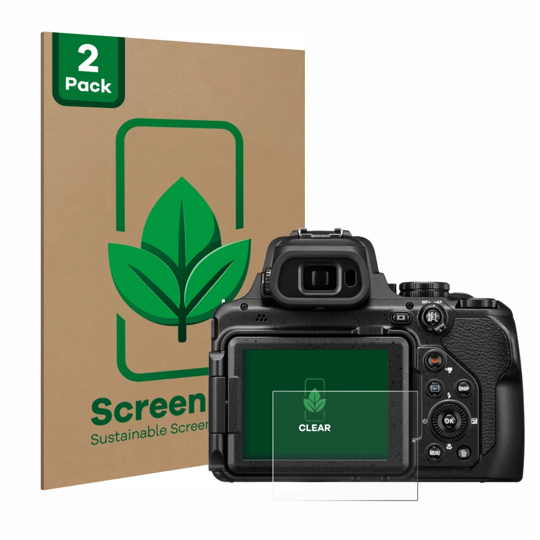 Vorderseite einer Produktverpackung mit dem Markenlogo ScreenLeaf. Daneben ist das Gerät Nikon Coolpix P1100 mit dem zugehörig