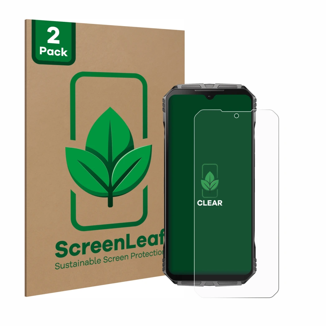 Vorderseite einer Produktverpackung mit dem Markenlogo ScreenLeaf. Daneben ist das Gerät Doogee S Cyber Pro mit dem zugehörige