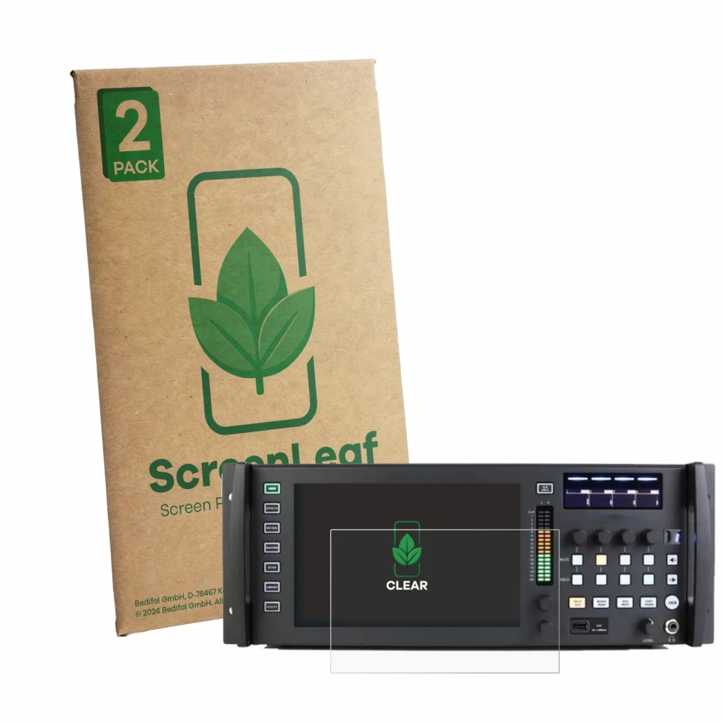 Vorderseite einer Produktverpackung mit dem Markenlogo ScreenLeaf. Daneben ist das Gerät Behringer Wing Rack mit dem zugehörig
