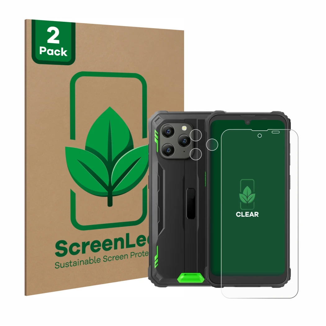 Vorderseite einer Produktverpackung mit dem Markenlogo ScreenLeaf. Daneben ist das Gerät Blackview BV5300 Plus (Display+Kamera