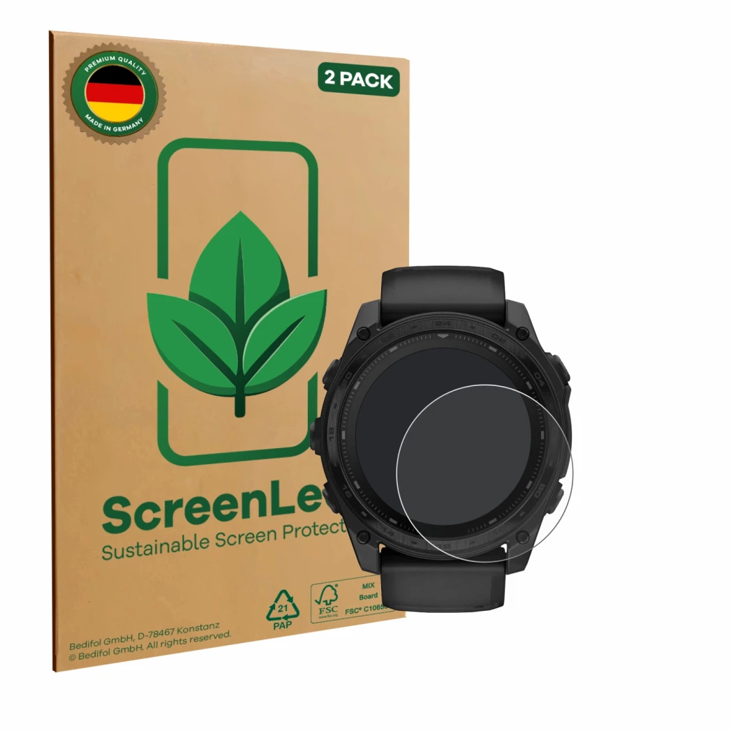 Vorderseite einer Produktverpackung mit dem Markenlogo ScreenLeaf. Daneben ist das Gerät Garmin Tactix 8 Solar (51 mm) mit dem