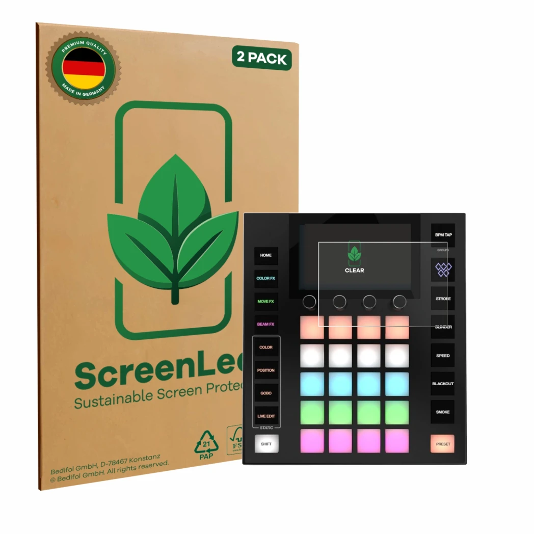 Vorderseite einer Produktverpackung mit dem Markenlogo ScreenLeaf. Daneben ist das Gerät Wolfmix W1 MK2 mit dem zugehörigen Di