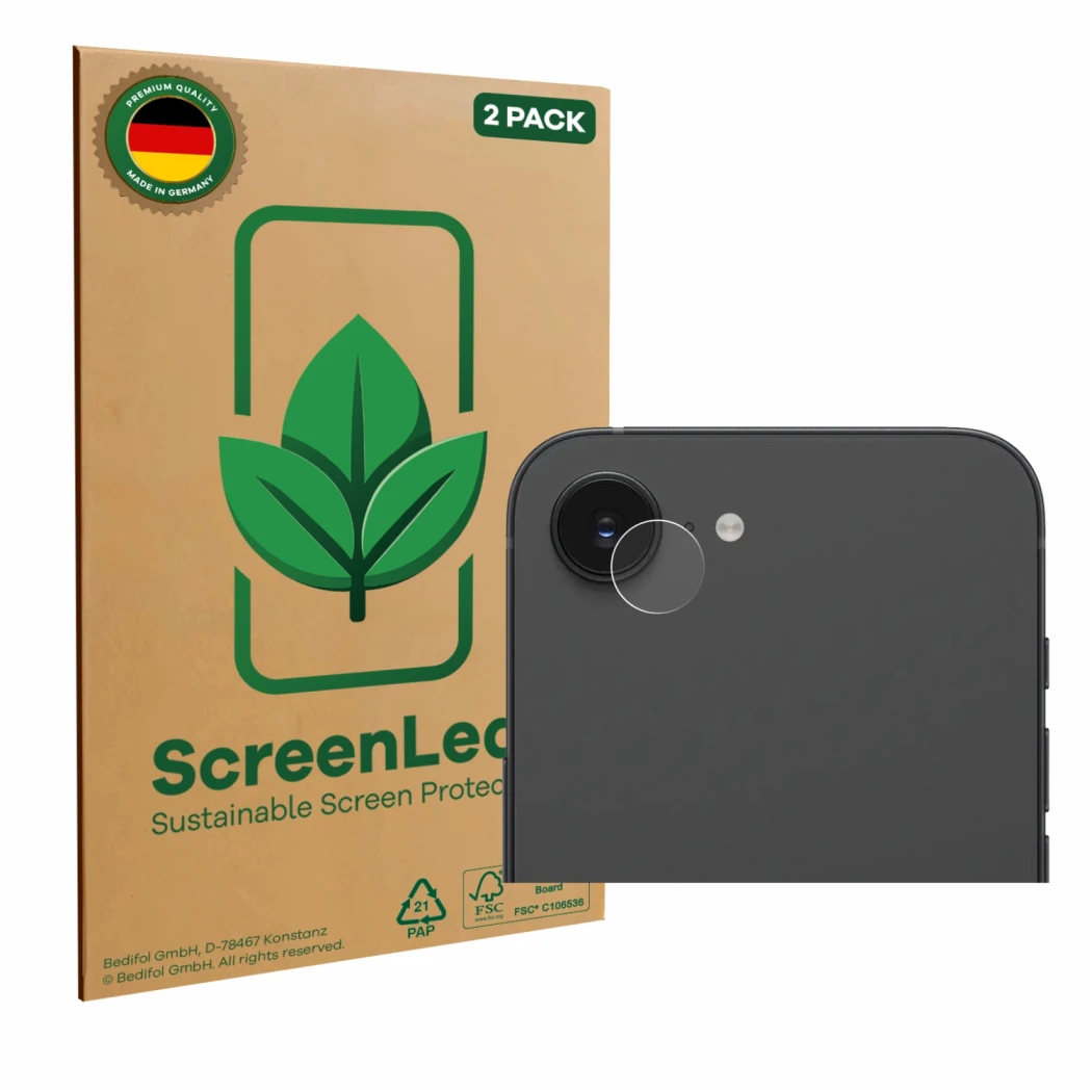 Vorderseite einer Produktverpackung mit dem Markenlogo ScreenLeaf. Daneben ist das Gerät Apple iPhone 16e (NUR Kameraschutz) m