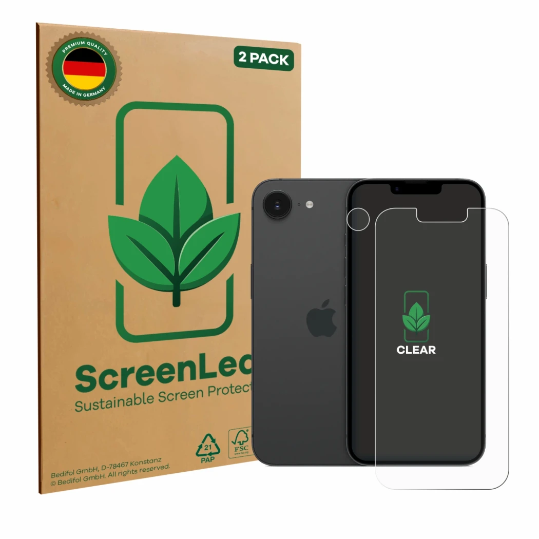 Vorderseite einer Produktverpackung mit dem Markenlogo ScreenLeaf. Daneben ist das Gerät Apple iPhone 16e (Display+Kamera) mit