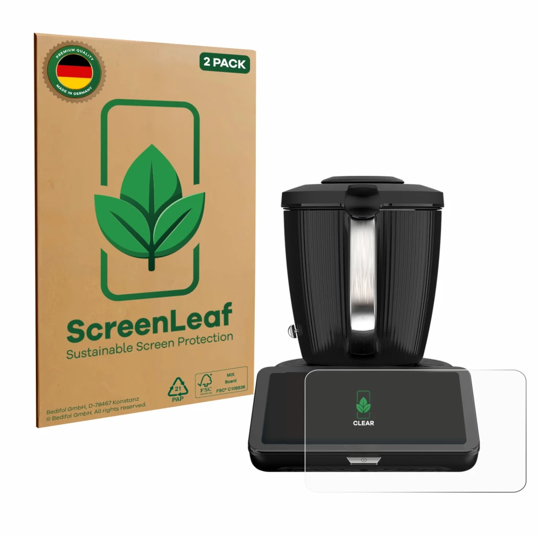 Vorderseite einer Produktverpackung mit dem Markenlogo ScreenLeaf. Daneben ist das Gerät Vorwerk Thermomix TM7 mit dem zugehör