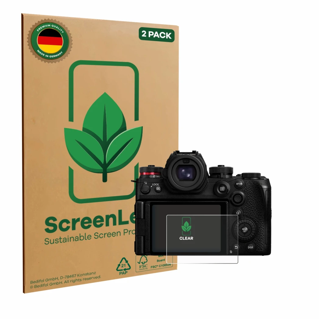 Vorderseite einer Produktverpackung mit dem Markenlogo ScreenLeaf. Daneben ist das Gerät Panasonic Lumix S1R II mit dem zugehö