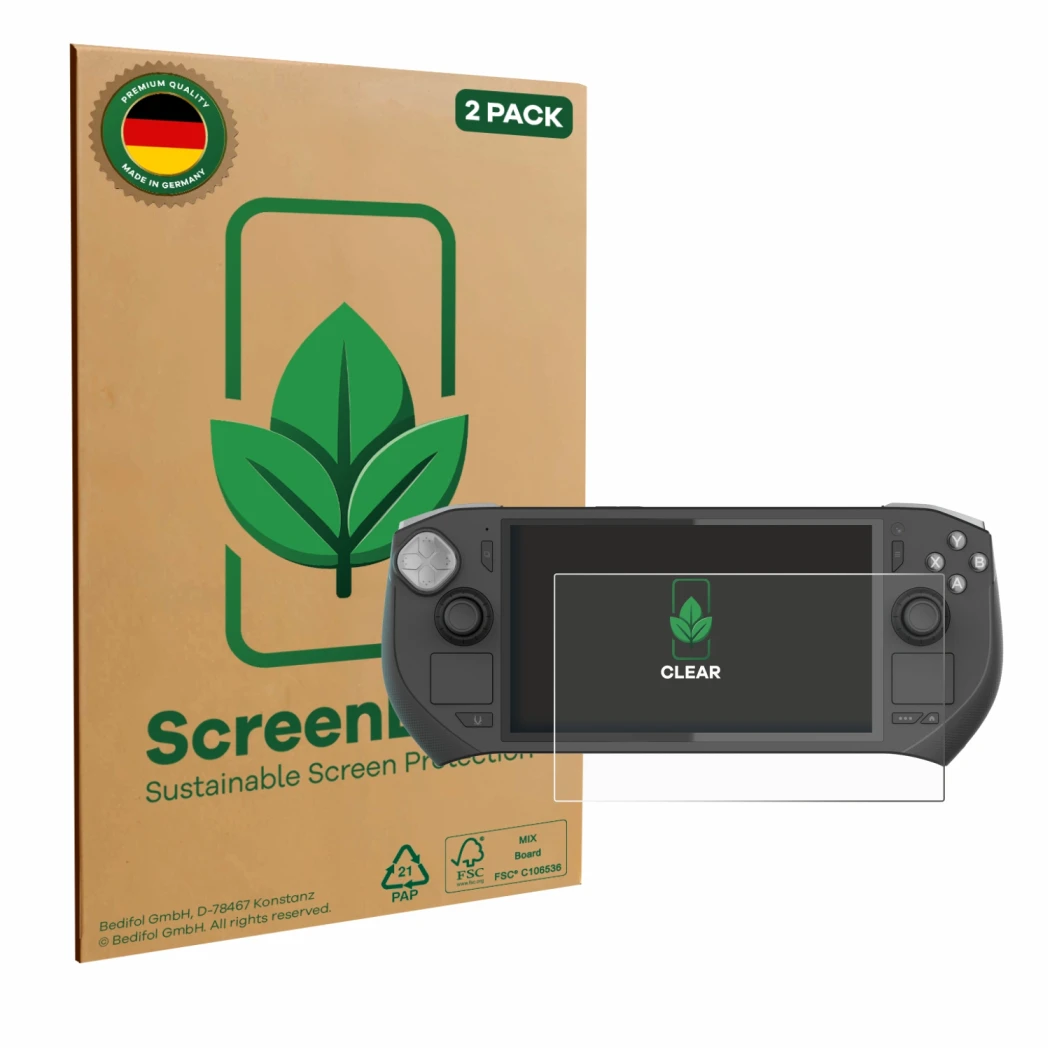 Vorderseite einer Produktverpackung mit dem Markenlogo ScreenLeaf. Daneben ist das Gerät Zotac Gaming Zone mit dem zugehörigen