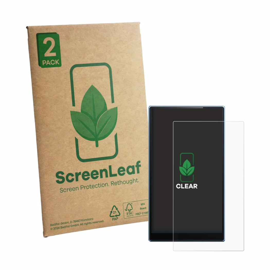 Vorderseite einer Produktverpackung mit dem Markenlogo ScreenLeaf. Daneben ist das Gerät FiiO JM21 mit dem zugehörigen Display