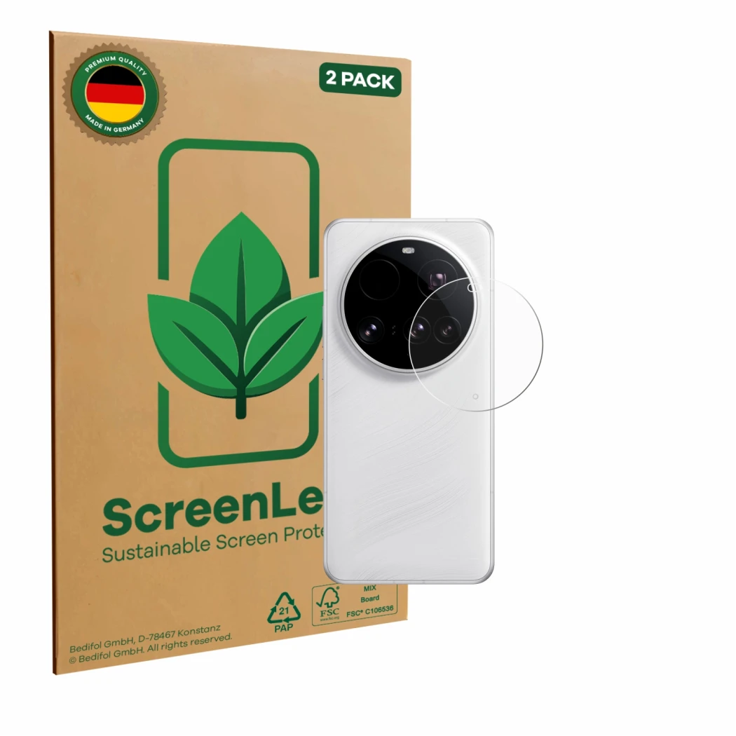 Vorderseite einer Produktverpackung mit dem Markenlogo ScreenLeaf. Daneben ist das Gerät Xiaomi 15 Ultra (NUR Kameraschutz) mi