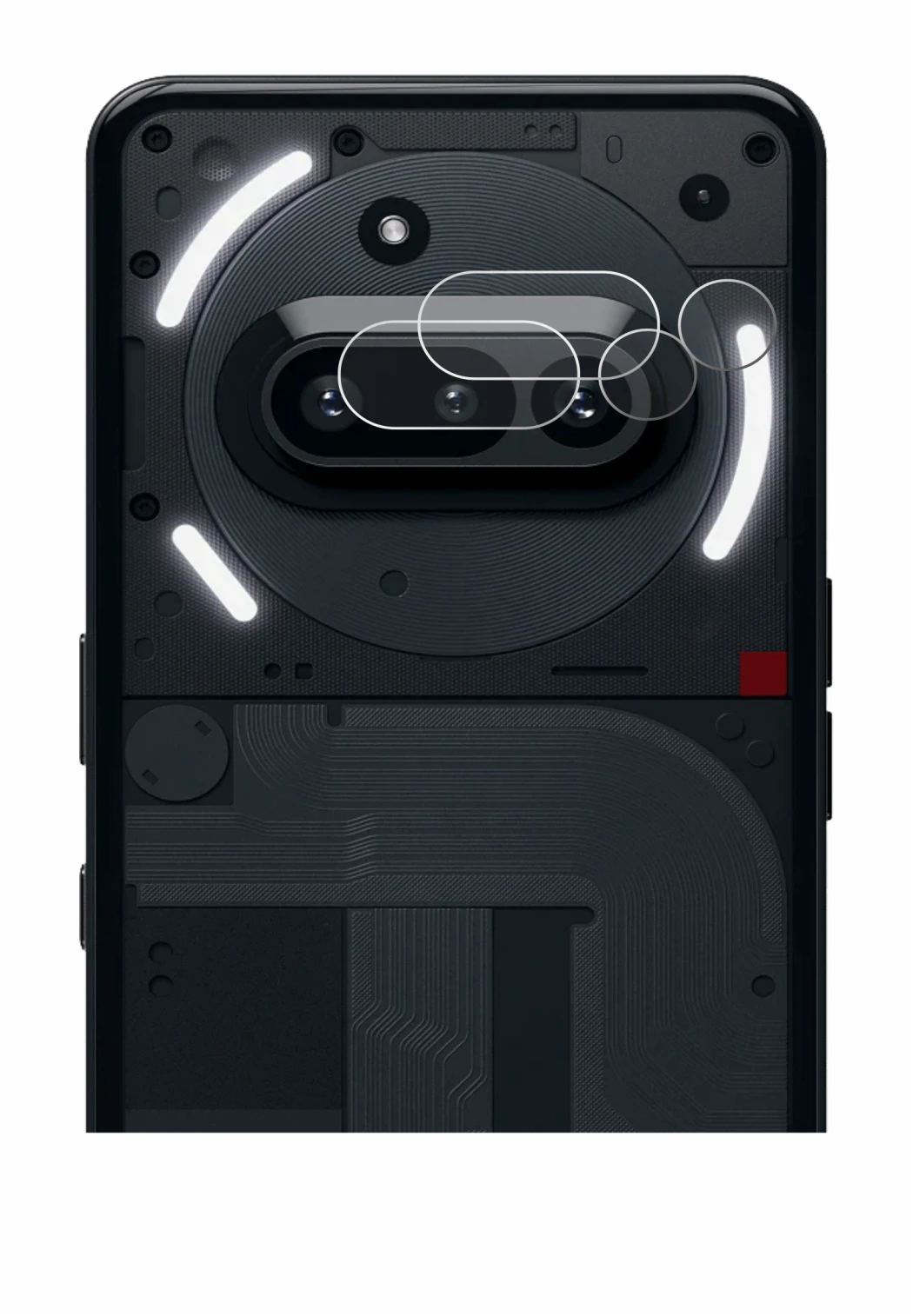 Abbildung des Geräts Nothing Phone (3a) (NUR Kameraschutz) mit einer Vielzahl des Displayschutzes.