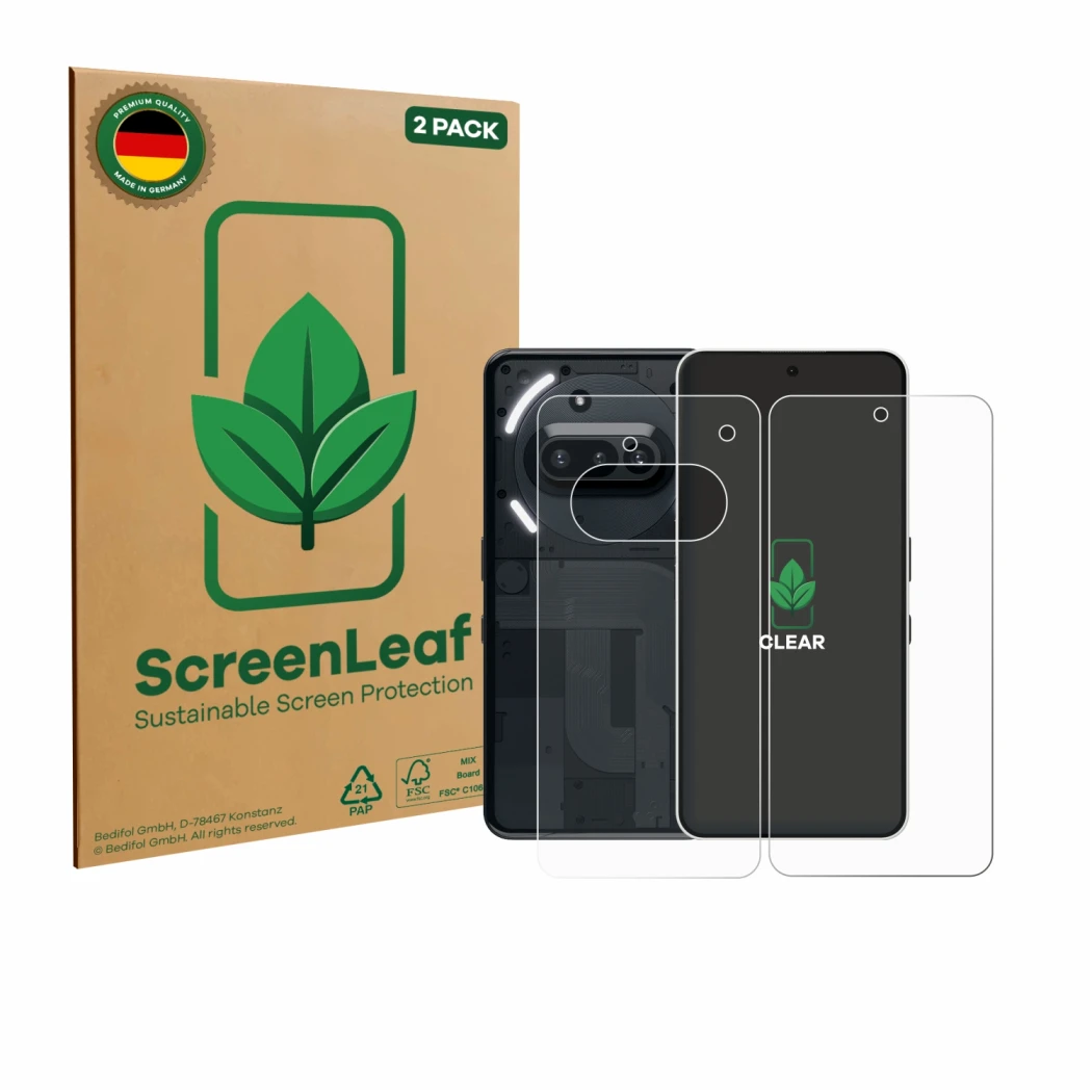 Vorderseite einer Produktverpackung mit dem Markenlogo ScreenLeaf. Daneben ist das Gerät Nothing Phone (3a) (Display+Rückseite