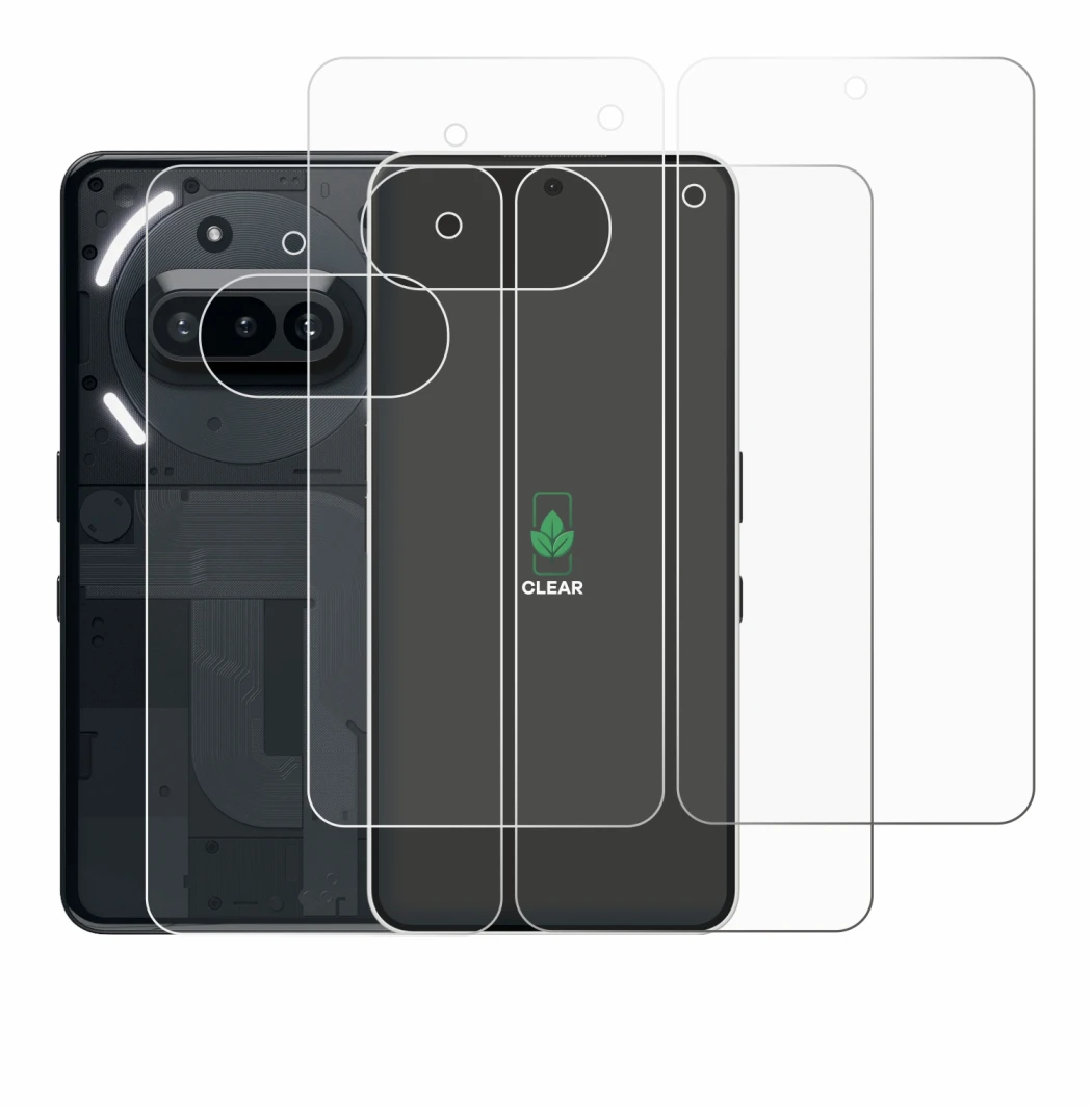 Abbildung des Geräts Nothing Phone (3a) (Display+Rückseite) mit einer Vielzahl des Displayschutzes.