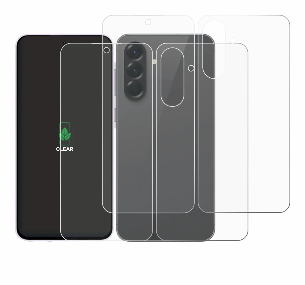 Abbildung des Geräts Samsung Galaxy A56 5G (Display+Rückseite) mit einer Vielzahl des Displayschutzes.